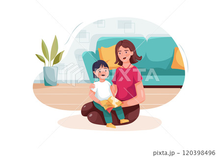 Babysitter embracing little girl reading fairy tale to kid. Babysitter embracing little girl reading fairy tale to kid. 120398496