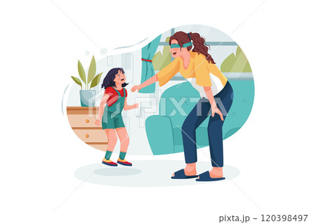 Young babysitter nanny playing funny game with kid girl at home 120398497