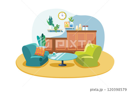 Empty cafe interior with bar stand, table and armchairs Empty cafe interior with bar stand, table and armchairs 120398579