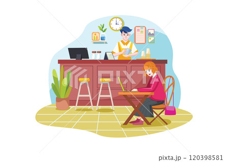 Coffee shop with people sitting at tables, drinking coffee and working on laptops and barista standing at counter. 120398581