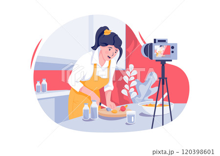 Young asian woman in kitchen recording video on camera. Vlog video live streaming at home. Young asian woman in kitchen recording video on camera. Vlog video live streaming at home. 120398601