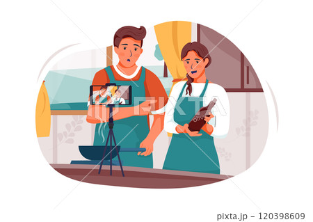 Young female blogger vlogger and online influencer recording video content on healthy food 120398609