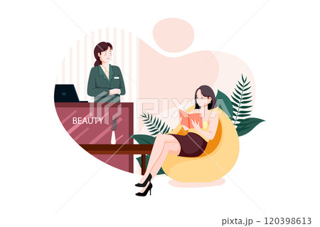 Beauty salon and spa reception. Beautiful female administrator standing at the counter. 120398613