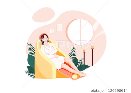 Woman visiting beauty salon, female client siting in comfortable chair. Woman visiting beauty salon, female client siting in comfortable chair. 120398614