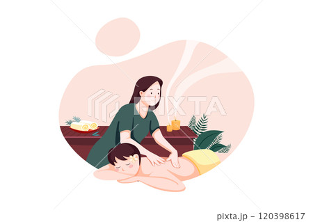 Relaxed woman getting back massage in luxury spa with professional massage therapist. Wellness, healing and relaxation concept. 120398617