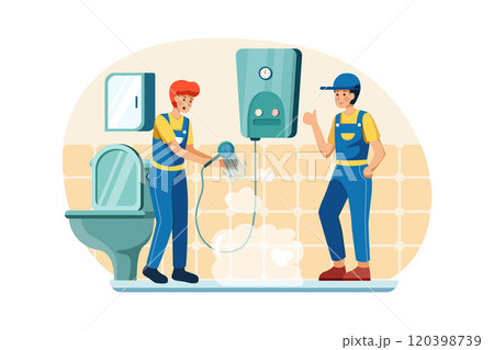 Plumbers are checking if the water heater is still working well. Plumbers are checking if the water heater is still working well. 120398739