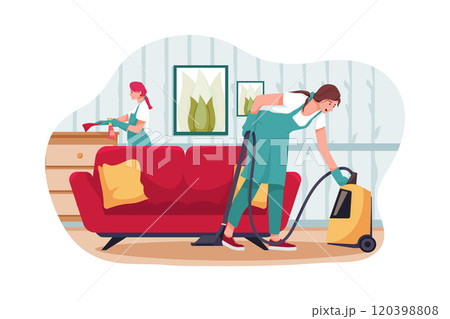 Cleaning team with professional tools tidying up living room . Cleaning team with professional tools tidying up living room . 120398808