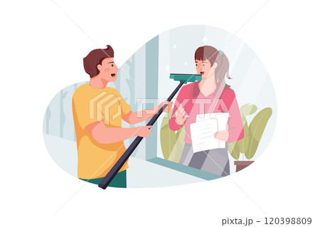 The cleaning man wiping the window is greeting to the girl. The cleaning man wiping the window is greeting to the girl. 120398809