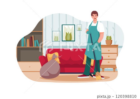 Cleaning man holding broom satisfied with clean house. 120398810