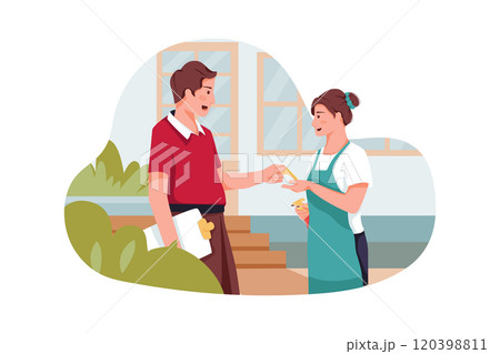 The host gives the key to the cleaning woman The host gives the key to the cleaning woman 120398811
