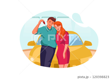 A beautiful couple is holding a key to their new car, looking at the camera and smiling 120398823