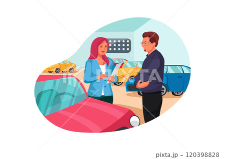 Salesperson showing vehicle to potential customer in dealership Salesperson showing vehicle to potential customer in dealership 120398828