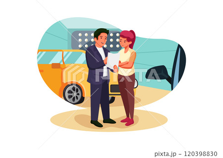 Visitor looking through agreement in car dealership 120398830