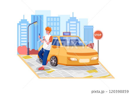 A man with a smartphone standing near the car. A man with a smartphone standing near the car. 120398859