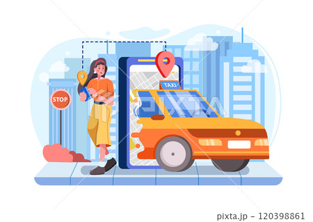 Women holding phone with location mark of smart electric car in the modern city skyline Women holding phone with location mark of smart electric car in the modern city skyline 120398861
