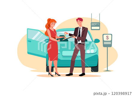 Young smiling woman getting key of a new car Young smiling woman getting key of a new car 120398917