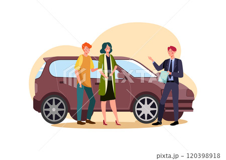 Car dealer explaining sales contract to couple buying a car 120398918