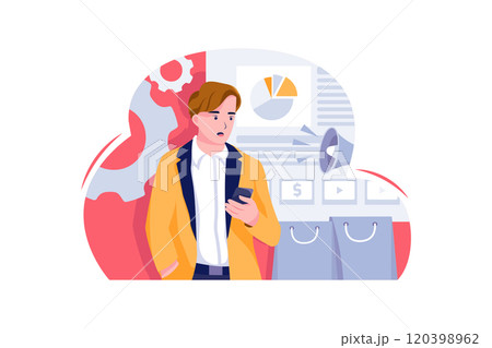 The man is working on his phone between digital marketing elements. The man is working on his phone between digital marketing elements. 120398962