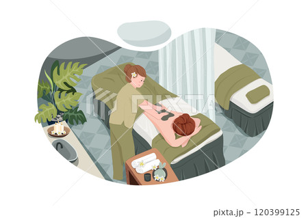 Woman making massage for a young lady. Spa procedure in beauty salon interior. Back treatment and relaxation. 120399125