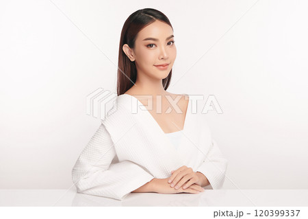 Beautiful young asian woman with clean fresh skin on white background, Face care, Facial treatment, Cosmetology, beauty and spa, Asian women portrait. 120399337