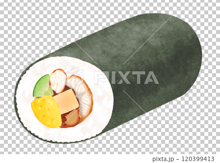 Ehomaki with 7 kinds of ingredients (shrimp, eel, cucumber, egg, freeze-dried tofu, shiitake mushroom, kanpyo) Watercolor touch Ehomaki with 7 kinds of ingredients (shrimp, eel, cucumber, egg, freeze-dried tofu, shiitake mushroom, kanpyo) Watercolor touch 120399413
