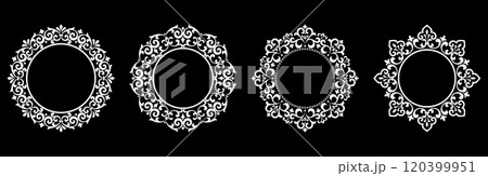 Set of decorative frames Elegant vector element for design in Eastern style, place for text. Floral black and white borders. Lace illustration for invitations and greeting cards. Set of decorative frames Elegant vector element for design in Eastern style, place for text. Floral black and white borders. Lace illustration for invitations and greeting cards. 120399951