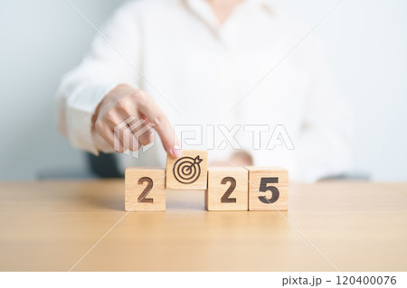 2025 year block with dartboard icon. Goal, Target, Resolution, strategy, plan, Action, mission, motivation, and New Year start concepts 120400076