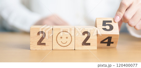 2024 end year to Happy New Year 2025 with Smile block. Satisfaction, feedback, Review, mental health, eco sustainable and good year concept 120400077