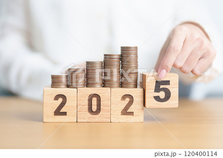 Happy New Year 2025 with Coins stack. Money, Budget, tax, investment, financial, savings and New Year Resolution concepts Happy New Year 2025 with Coins stack. Money, Budget, tax, investment, financial, savings and New Year Resolution concepts 120400114