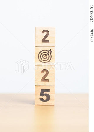 2025 year block with dartboard icon. Goal, Target, Resolution, strategy, plan, Action, mission, motivation, and New Year start concepts 120400159