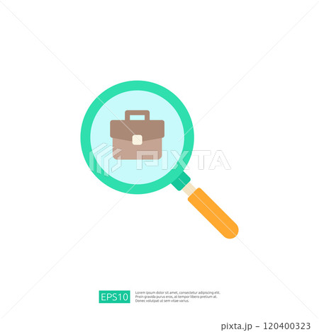 A simple graphic of a magnifying glass focusing on a briefcase, symbolizing job search or business opportunities. A simple graphic of a magnifying glass focusing on a briefcase, symbolizing job search or business opportunities. 120400323