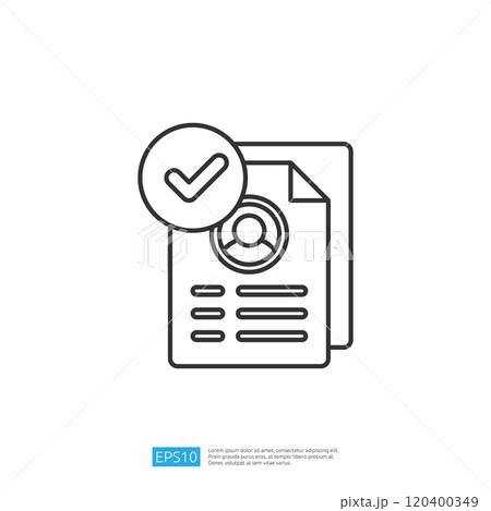 A simple graphic depicting a document with a user profile and a checkmark, symbolizing verification or approval of information. A simple graphic depicting a document with a user profile and a checkmark, symbolizing verification or approval of information. 120400349