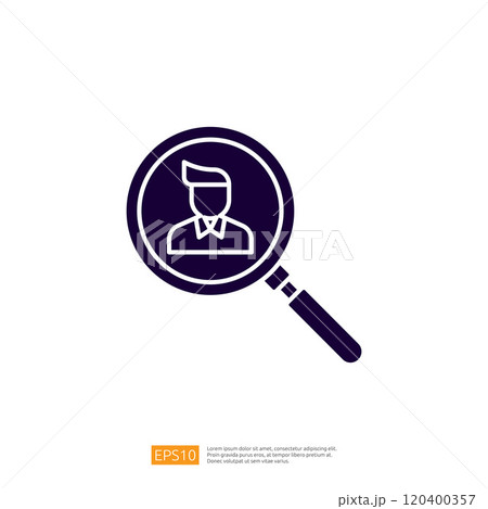 A magnifying glass focusing on a person icon, symbolizing search or investigation related to individuals. 120400357