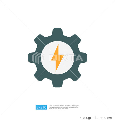 The image depicts a gear symbol with a lightning bolt inside, representing energy, technology, and industrial processes. 120400466