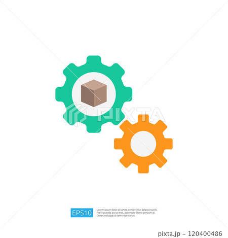 The image features two interlocking gears, one turquoise and one orange, with a cube in the center of the turquoise gear, symbolizing mechanics and productivity. The image features two interlocking gears, one turquoise and one orange, with a cube in the center of the turquoise gear, symbolizing mechanics and productivity. 120400486