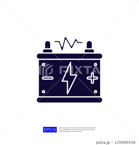 A simple graphic representation of a battery, featuring positive and negative terminals and a lightning bolt symbol, indicating its purpose for storing and providing electrical energy. A simple graphic representation of a battery, featuring positive and negative terminals and a lightning bolt symbol, indicating its purpose for storing and providing electrical energy. 120400536