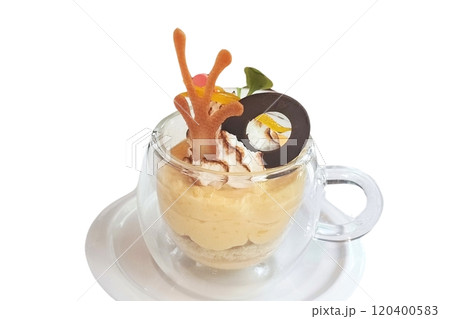 Delicious dessert with banana and caramel isolated on white 120400583