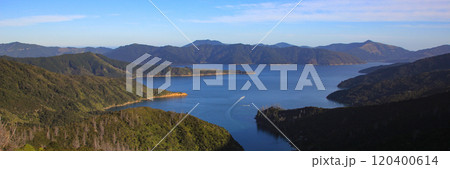 Bay and hills seen from the Queen Charlotte Track, New Zealand. 120400614