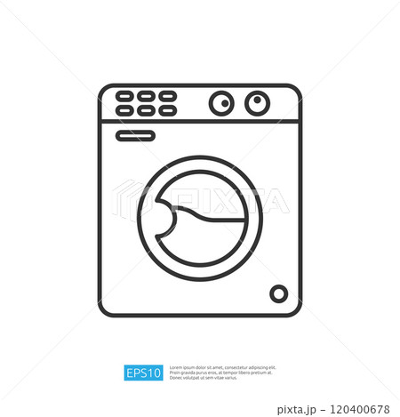 A simple line drawing of a front-loading washing machine, illustrating its design and functionality. 120400678