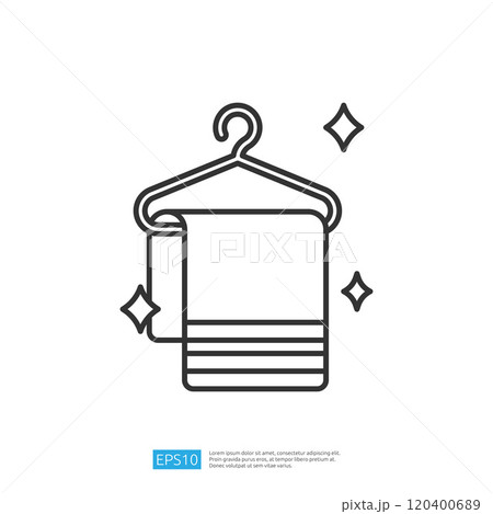 A minimalist line drawing of a towel hanging on a hanger, adorned with sparkling elements, symbolizing cleanliness and freshness. A minimalist line drawing of a towel hanging on a hanger, adorned with sparkling elements, symbolizing cleanliness and freshness. 120400689