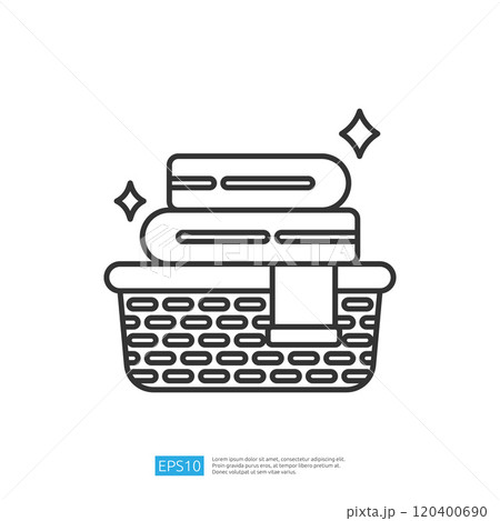 A simple line drawing of a basket filled with neatly folded towels, conveying a sense of cleanliness and organization. A simple line drawing of a basket filled with neatly folded towels, conveying a sense of cleanliness and organization. 120400690