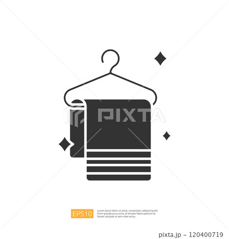 A simple graphic illustration of a towel hanging on a hook, symbolizing cleanliness and freshness. 120400719