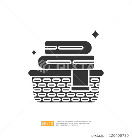 A simple graphic illustration of a basket filled with neatly stacked towels, conveying a sense of cleanliness and organization. 120400720
