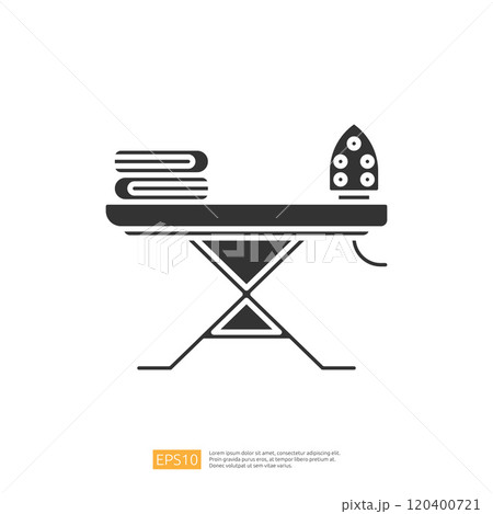 A minimalistic illustration of an ironing board with stacked towels and an iron, representing household chores and laundry tasks. 120400721