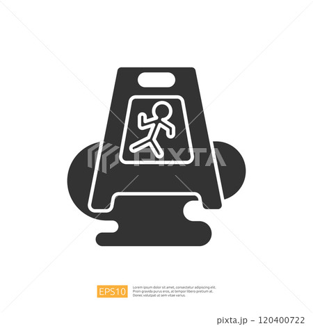 A caution sign depicting a slipping hazard, indicating a wet surface to alert individuals to be careful. 120400722