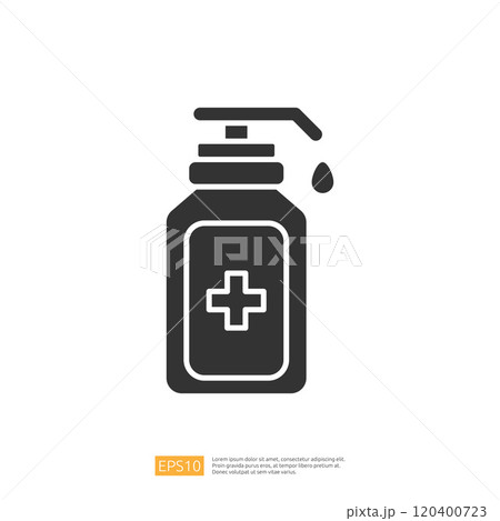 This image depicts a simple, stylized icon of a medical or antiseptic liquid soap dispenser, featuring a pump and a droplet, suggesting cleanliness and hygiene. 120400723