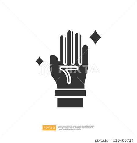The image depicts a stylized hand with fingers raised, featuring a decorative design and sparkles, suggesting themes of magic or spirituality. 120400724