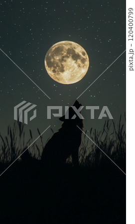 Silhouette of a wolf howling at a full moon, with a starry night sky providing ample space for copy. 120400799
