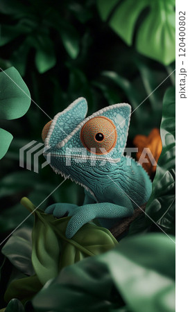 Close-up of a chameleon blending into its surroundings on a branch, with a green leafy background and space for text. 120400802