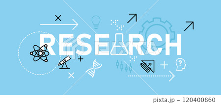 Research icon concept data media observation laboratory medical test monitoring testing design outline set collection 120400860